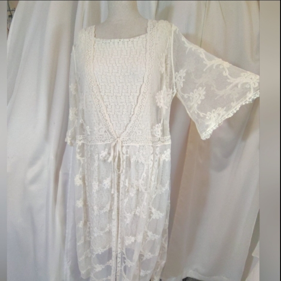 2 Pc:Banana Republic Lace Dress+Cardigan CoverUp, Ivory, Midi, 1/2 Sleeve, M/L - Picture 3 of 16